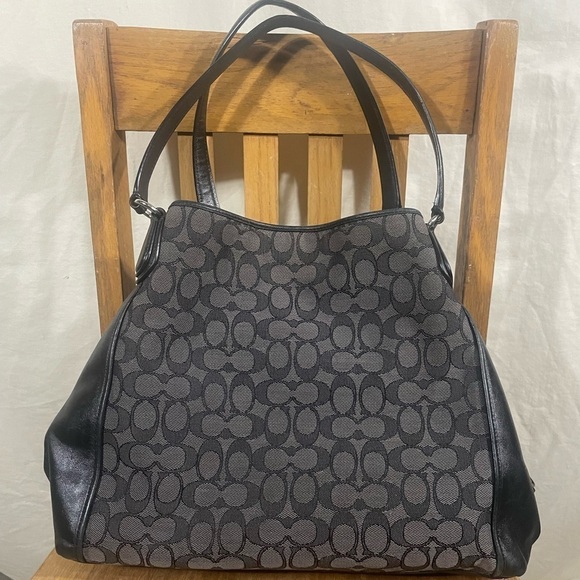 Coach Edie Shoulder Bag Signature Grey Black Current Leather - Picture 10 of 16